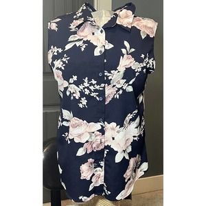 Timsem Black with Pink Floral Collared Button Up Sleeveless Top Size XXL